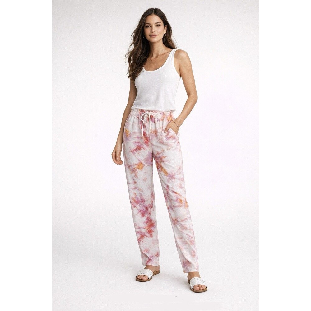 NWT Ann Taylor Lounge Pant Sz L Easy Straight High Rise Pink Tie Dye Beach Comfy